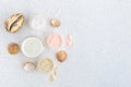 Mineral moisturizer cream, shells, sea Ã¢â¬â¹Ã¢â¬â¹salt in glass jar. Royalty Free Stock Photo